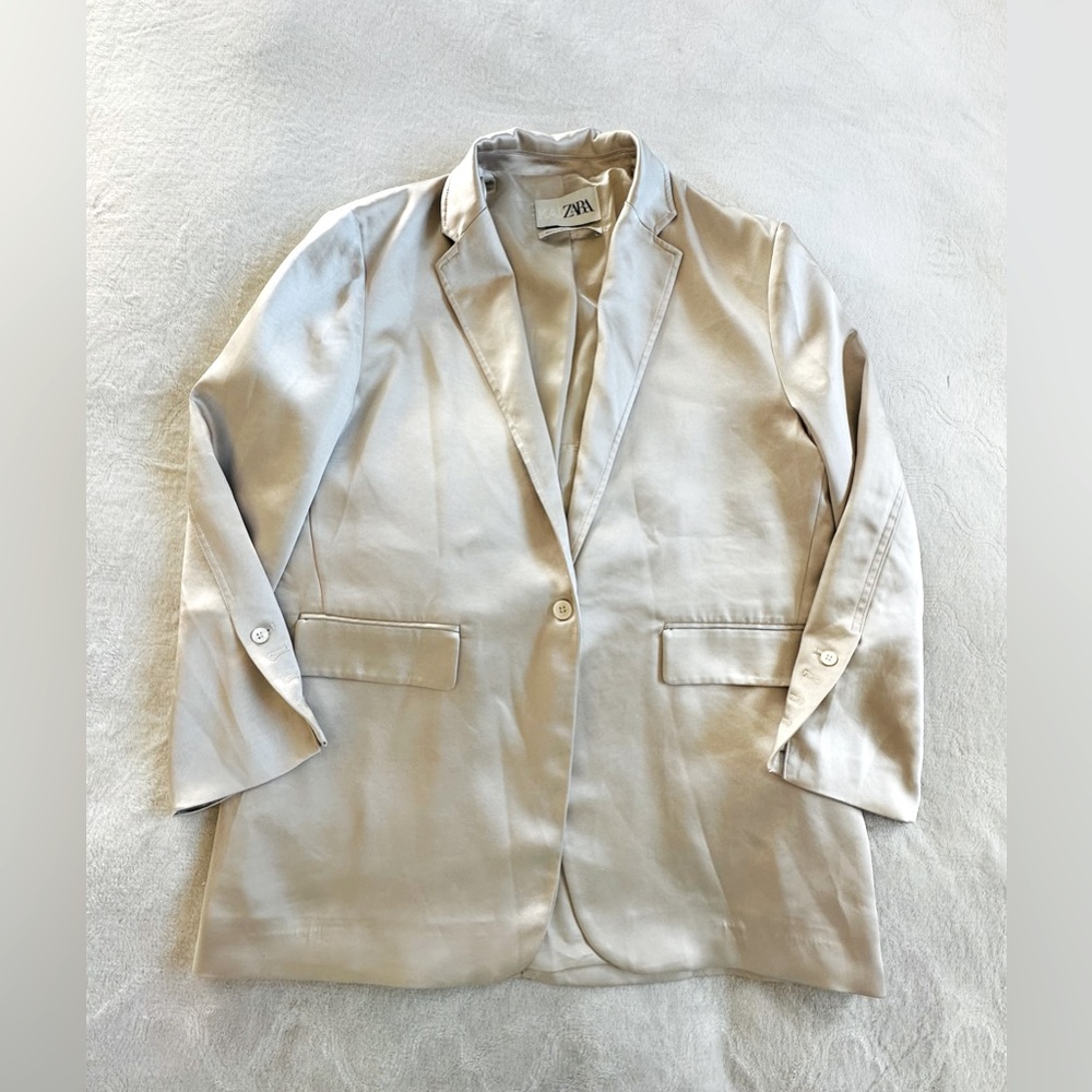 Zara Womens Kaia x Zarastone Beige Satin Effect Blazer Jacket Size S M